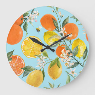 Watercolor Citrus Fruits: Hand Drawn Large Clock