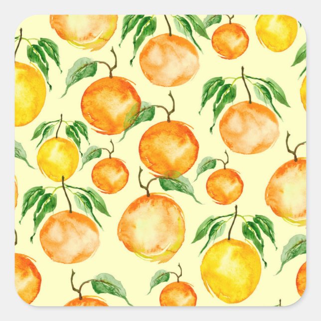Watercolor citrus fruits, tropical pattern. square sticker (Front)