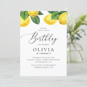 Watercolor citrus garden lemon kids birthday invitation