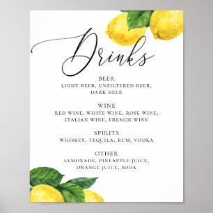 Watercolor citrus garden lemon wedding drinks bar poster