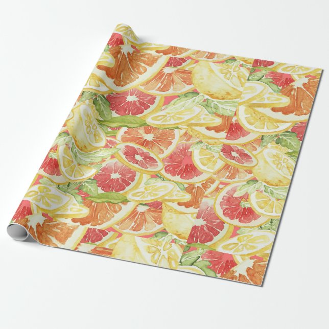 Watercolor Citrus Grapefruit Lemon & Orange Wrapping Paper (Unrolled)