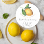 Watercolor citrus lemon 1st birthday party classic round sticker<br><div class="desc">Our main squeeze. Watercolor simple lemon kids birthday party. Citrus lemonade birthday.</div>