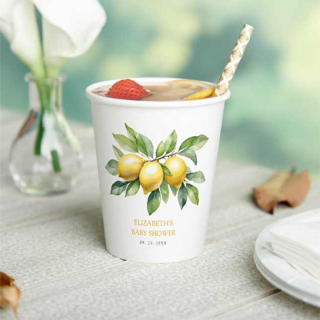 Watercolor Citrus Lemon Baby Shower Paper Cups (Insitu)