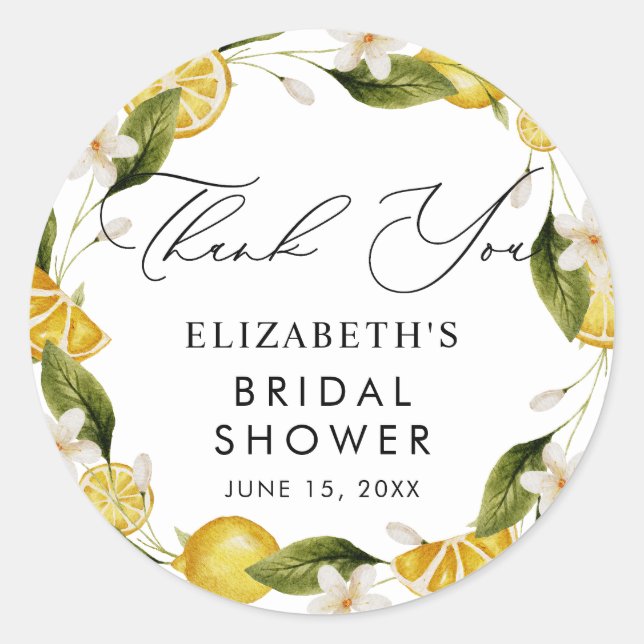 Watercolor Citrus Lemon Bridal Shower Classic Round Sticker (Front)