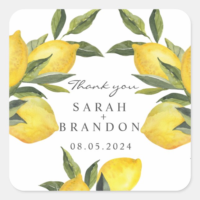 Watercolor Citrus Lemon Summer Wedding Square Sticker (Front)