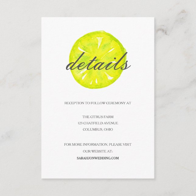 Watercolor Citrus/Lemon Wedding Details Card (Front)