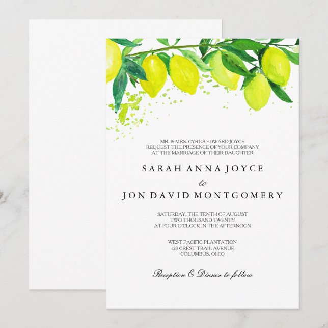 Watercolor Citrus/Lemon Wedding Invitation (Front/Back)