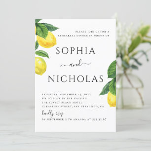 Watercolor citrus lemon wedding rehearsal dinner invitation