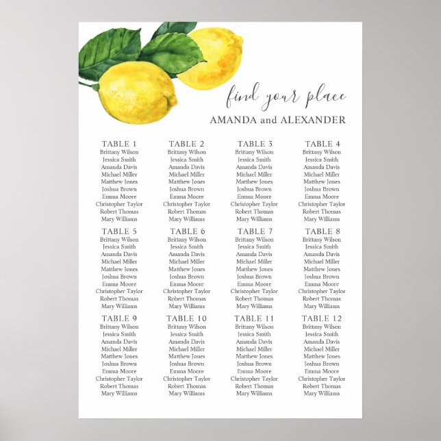 Watercolor citrus lemon wedding seating chart (Front)