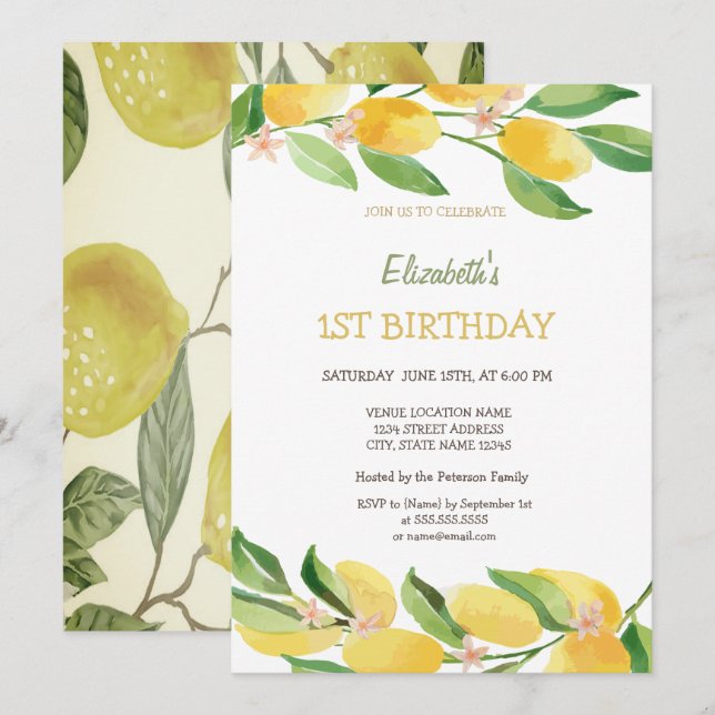 Watercolor Citrus Lemons Flowers Birthday  Invitation (Front/Back)