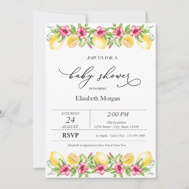 Watercolor Citrus Lemons Hibiscus Baby Shower  Invitation (Front)