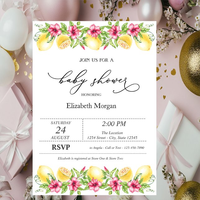 Watercolor Citrus Lemons Hibiscus Baby Shower  Invitation (Creator Uploaded)