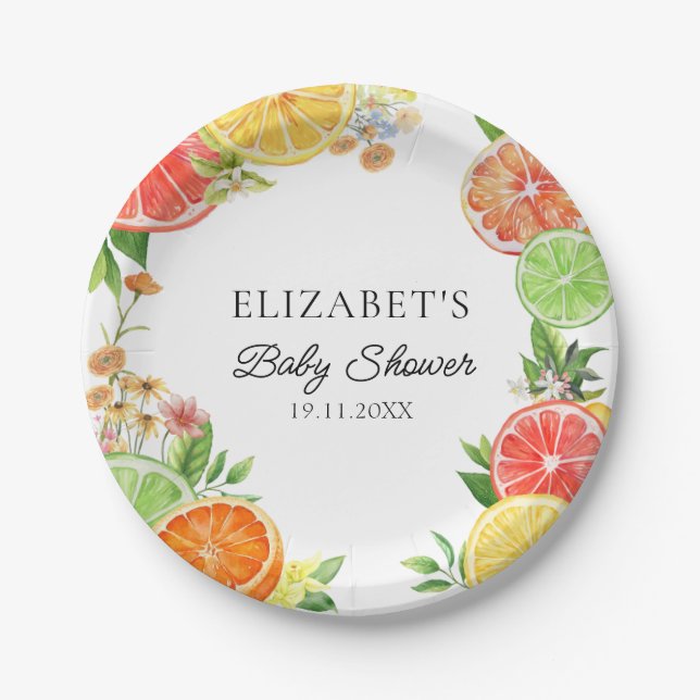 Watercolor Citrus Little Cutie Baby Shower Paper Plate (Front)