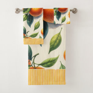 Watercolor Citrus Orange Leaves Wedding Bath Towel Set