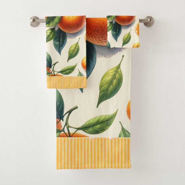 Watercolor Citrus Orange Leaves Wedding Bath Towel Set (Insitu)