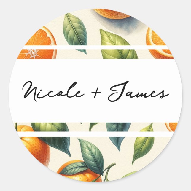 Watercolor Citrus Orange Leaves Wedding Classic Round Sticker (Front)