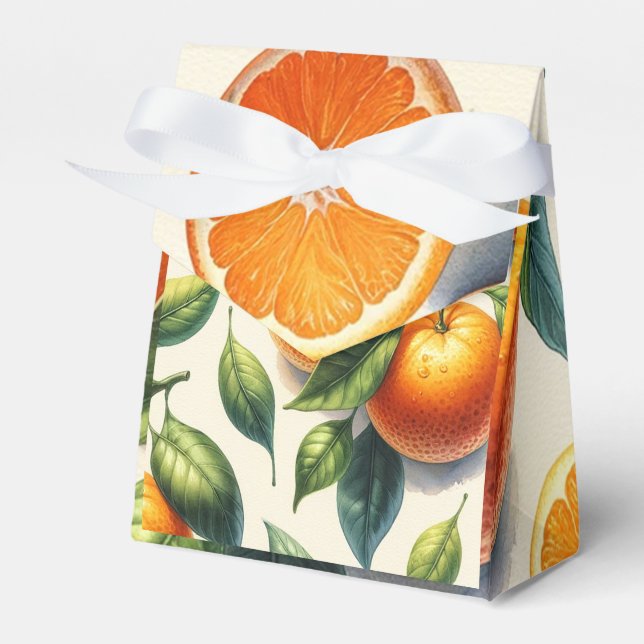 Watercolor Citrus Orange Leaves Wedding Favour Box (Front Side)