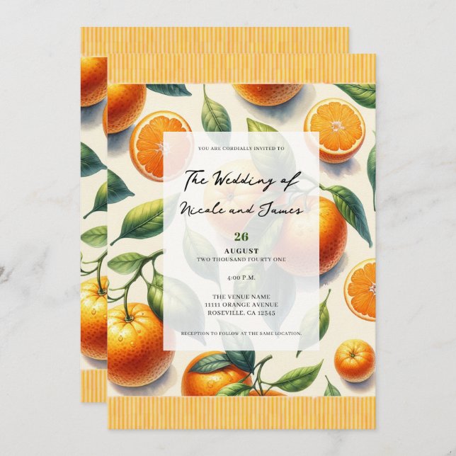 Watercolor Citrus Orange Leaves Wedding Invitation (Front/Back)