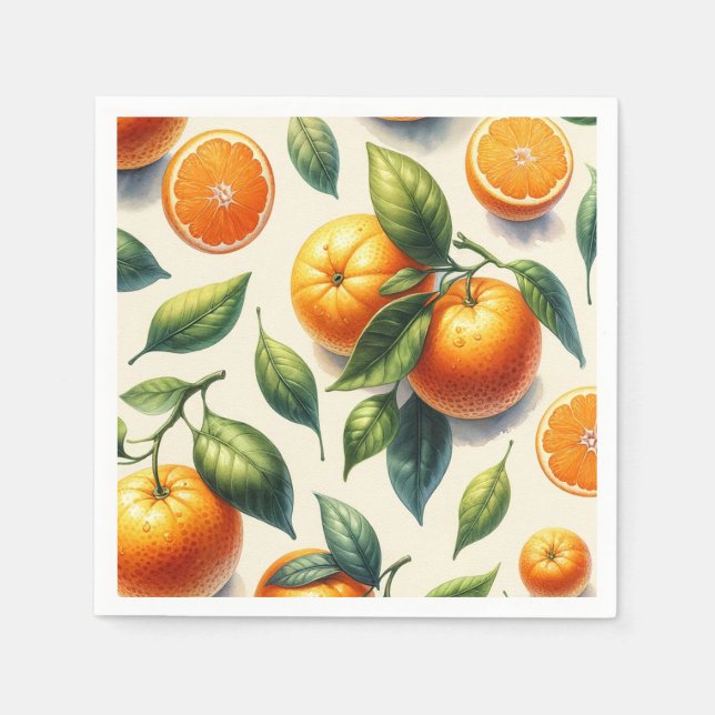 Watercolor Citrus Orange Leaves Wedding Napkin (Front)
