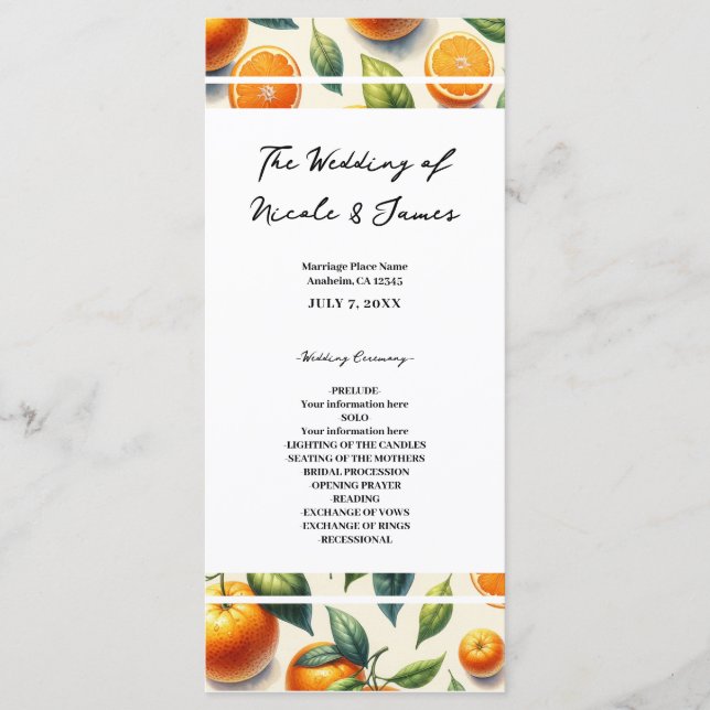 Watercolor Citrus Orange Leaves Wedding Programme (Front)