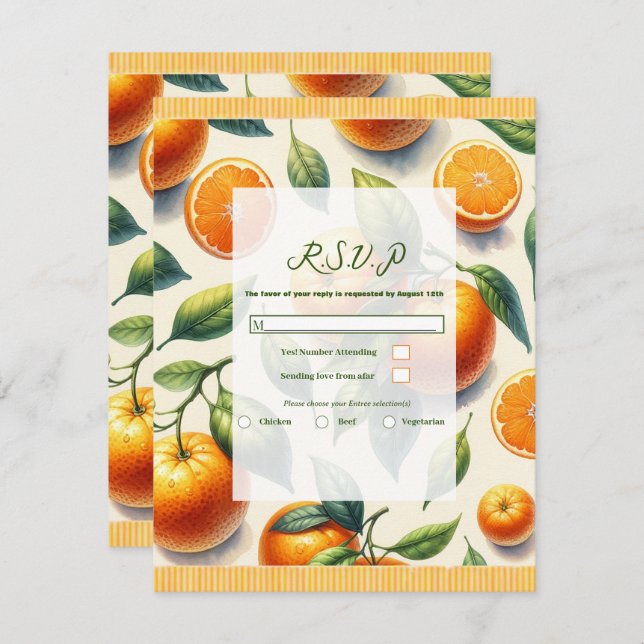 Watercolor Citrus Orange Leaves Wedding RSVP Invitation (Front/Back)
