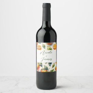 Watercolor Citrus Orange Leaves Wedding Wine Label