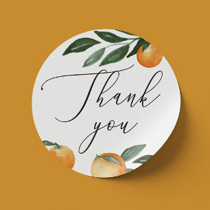 Watercolor citrus orange script wedding thank you classic round sticker