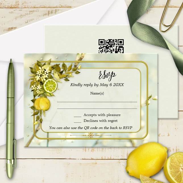 Watercolor Citrus Orchard Wedding RSVP Card (Wedding RSVP card featuring a watercolor painting of lemon citrus fruits and leaves with flowers)