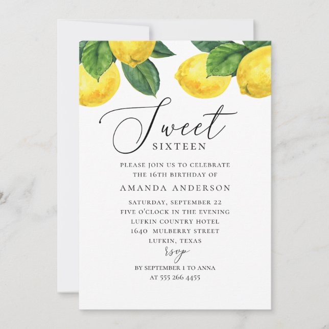 Watercolor citrus Sweet 16. Lemon garden script Invitation (Front)