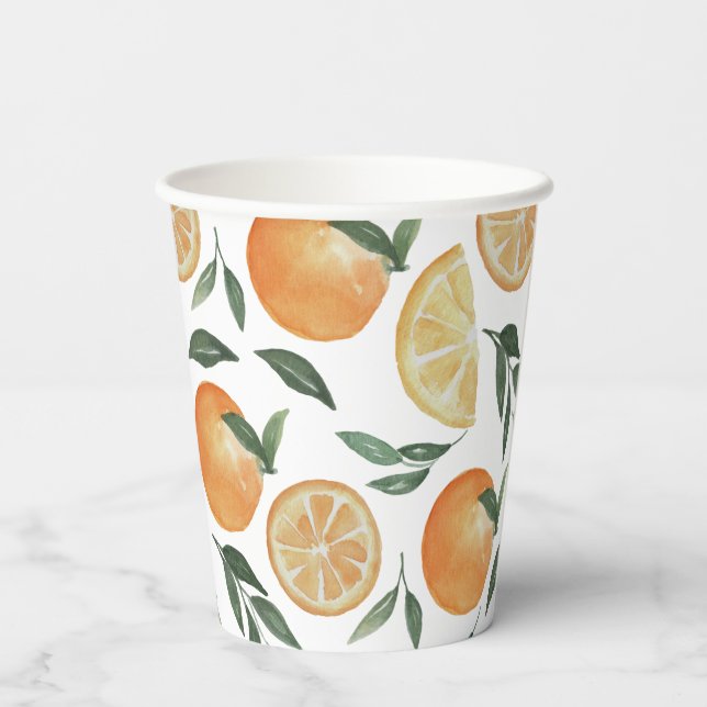 Watercolor Citrus Wedding | Orange Tuscan Summer Paper Cups (Back)