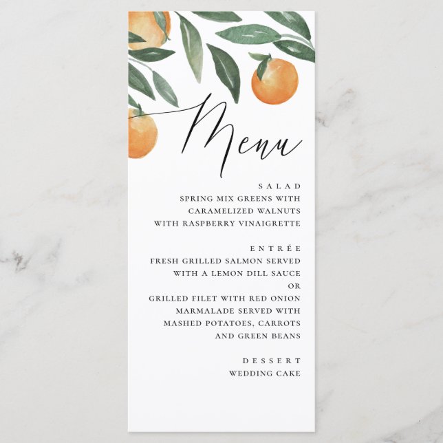 Watercolor citrus wedding. Summer floral orange Menu (Front)