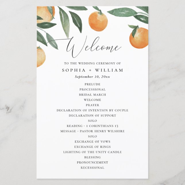 Watercolor citrus wedding. Summer floral program (Front)