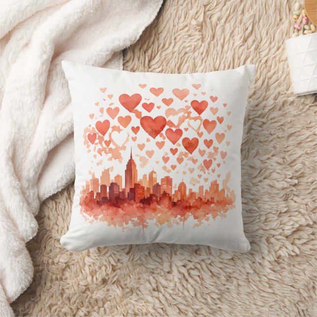 Watercolor City Skyline Hearts Throw Pillow (Blanket)