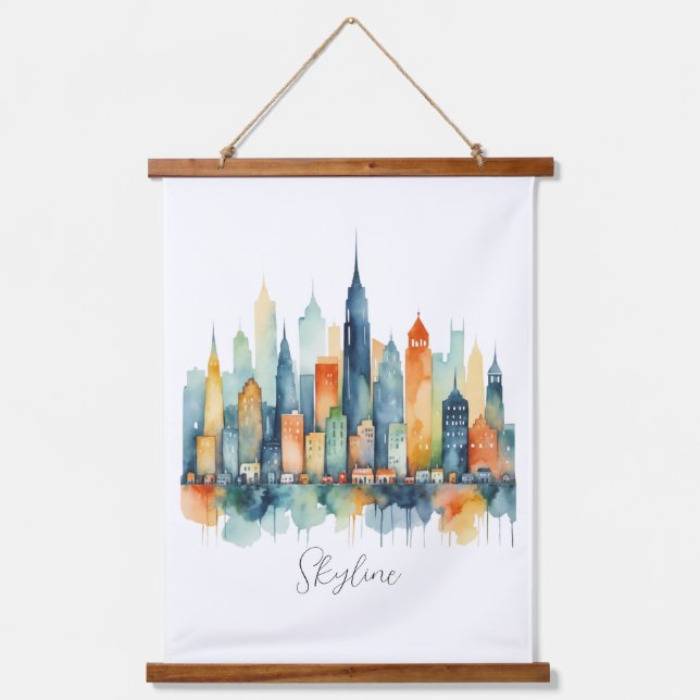 Watercolor City Skyline Modern Urban Cityscape Hanging Tapestry (Front)