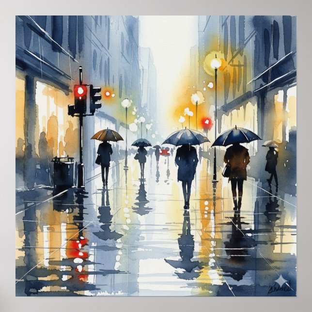Watercolor Cityscape in Rain Poster (Front)
