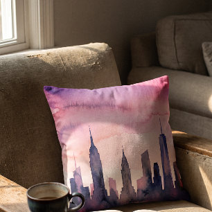 Watercolor Cityscape Indigo Pastel Pink NY Skyline Cushion