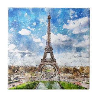 Watercolor Cityscape Paris, Eiffel Towards Tile