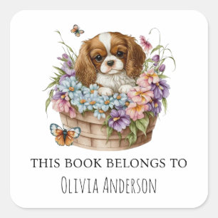 Watercolor CKCS Puppy in Flowers This Book Belongs Square Sticker