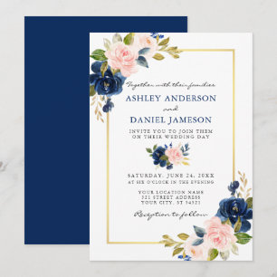 Watercolor Classic Blue Pink Floral Gold Wedding Invitation