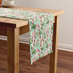 Watercolor classic Christmas greenery candy canes Short Table Runner