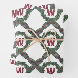 Watercolor Classic Christmas Plaid Wreath Monogram Wrapping Paper Sheet