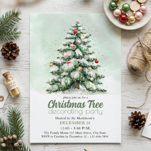 Watercolor Classic Christmas Tree Decorating Party Invitation