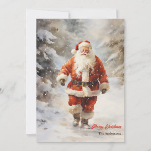 Watercolor classic Santa Claus in snowy forest Holiday Card