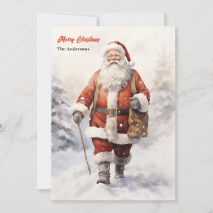 Watercolor classic Santa Claus in snowy forest Holiday Card