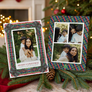 Watercolor Classic Tartan Plaid Ribbon Photo Holiday Card