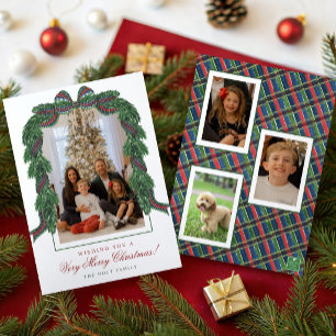 Watercolor Classic Tartan Plaid Ribbon Photo Holiday Card