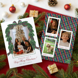 Watercolor Classic Tartan Plaid Ribbon Photo Holiday Card