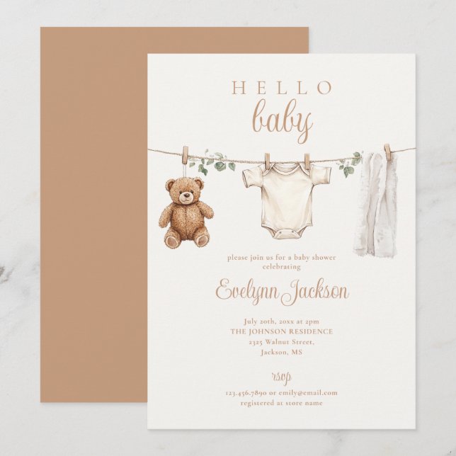 Watercolor Clothesline Neutral Baby Shower Invitation (Front/Back)