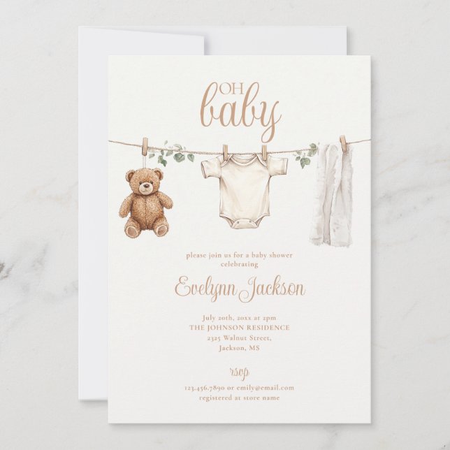 Watercolor Clothesline Neutral Baby Shower Invitation (Front)