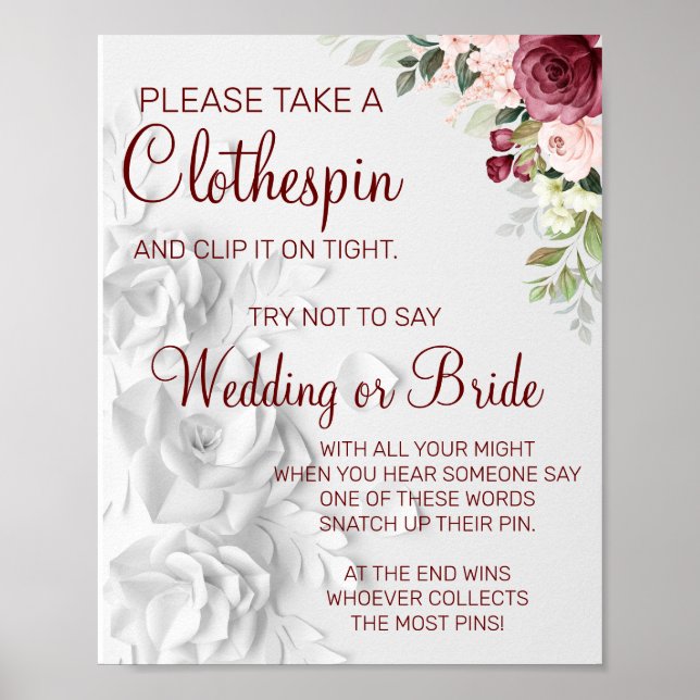 Watercolor Clothespin bridal shower game sign (Front)